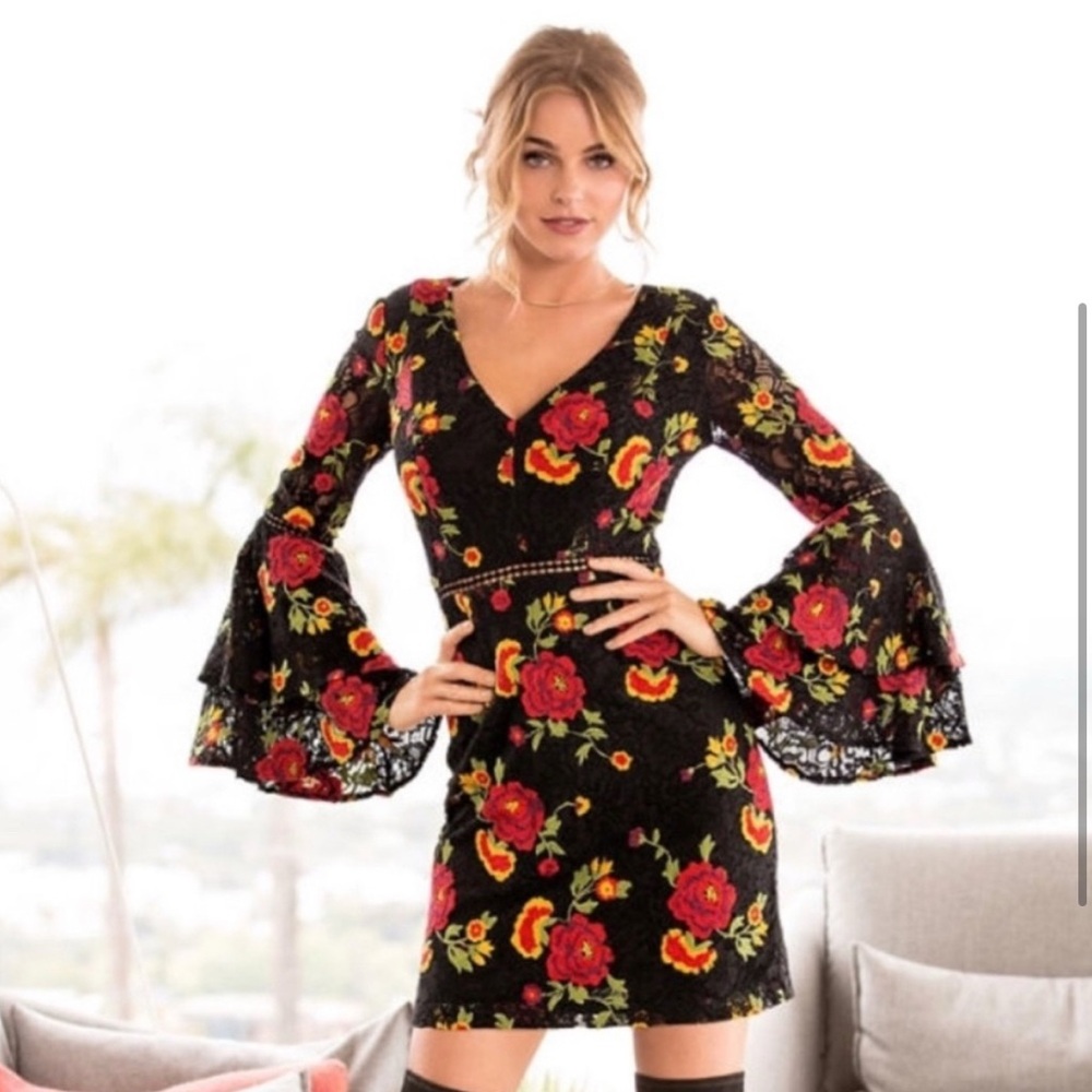 Alexia Admor Black Dress with Red and Yellow Floral Design
